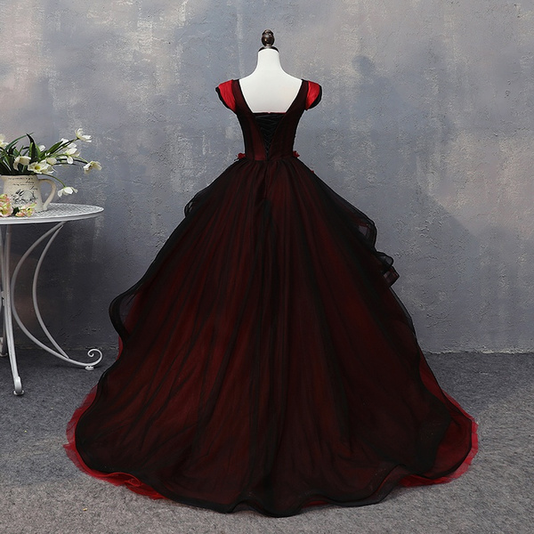 Red and Black 3D Flowers Little Girls Mini Quinceanera Dress with Train