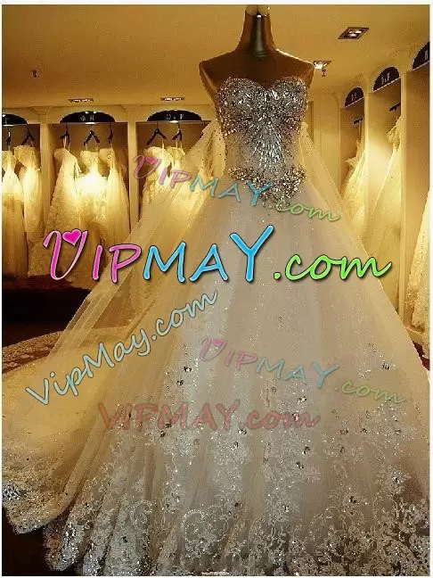 Fancy Sleeveless Sweetheart Cathedral Train Beading and Appliques Backless Wedding Dress