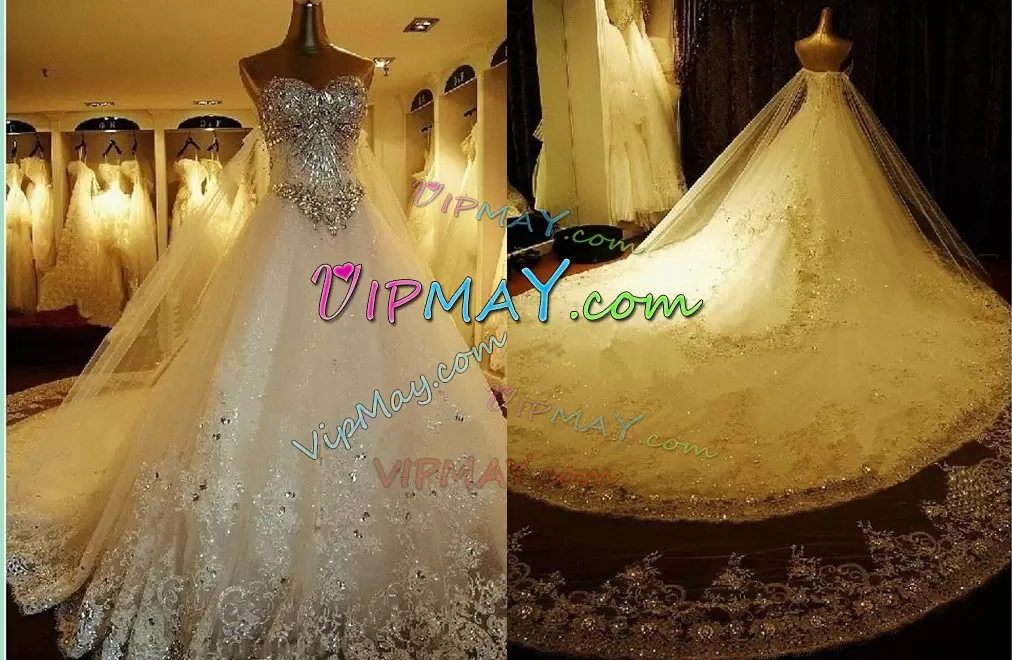 Fancy Sleeveless Sweetheart Cathedral Train Beading and Appliques Backless Wedding Dress