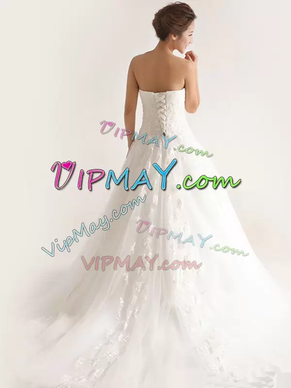 White Strapless Neckline Appliques Wedding Dresses Sleeveless Lace Up