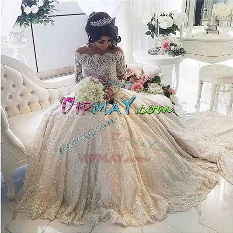 Customized Off The Shoulder Long Sleeves Lace Bridal Gown Lace Court Train Lace Up