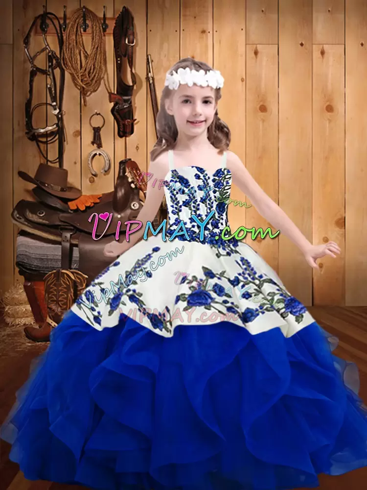 Straps Sleeveless Organza Glitz Pageant Dress Embroidery and Ruffles Lace Up