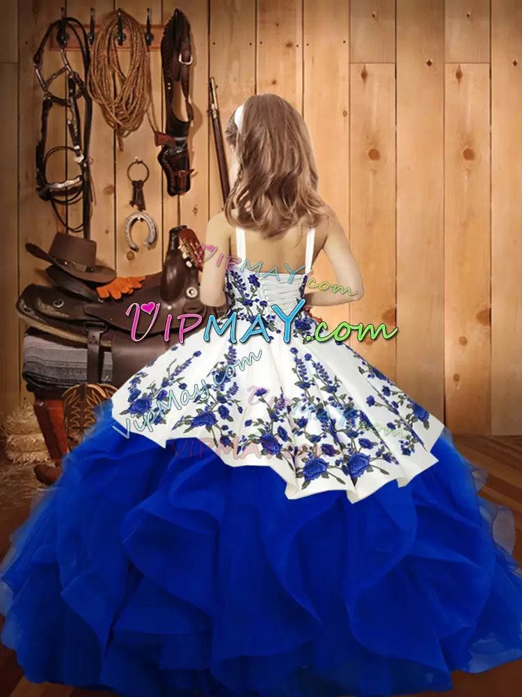 Straps Sleeveless Organza Glitz Pageant Dress Embroidery and Ruffles Lace Up