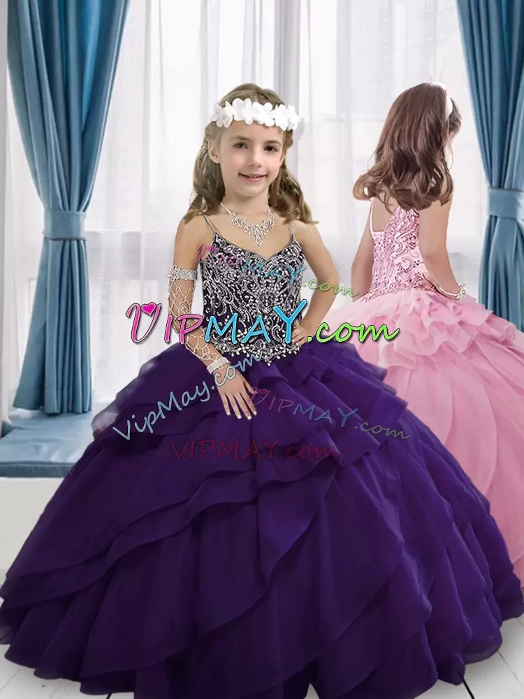 Straps Sleeveless Pageant Dress for Teens Floor Length Beading Purple Organza