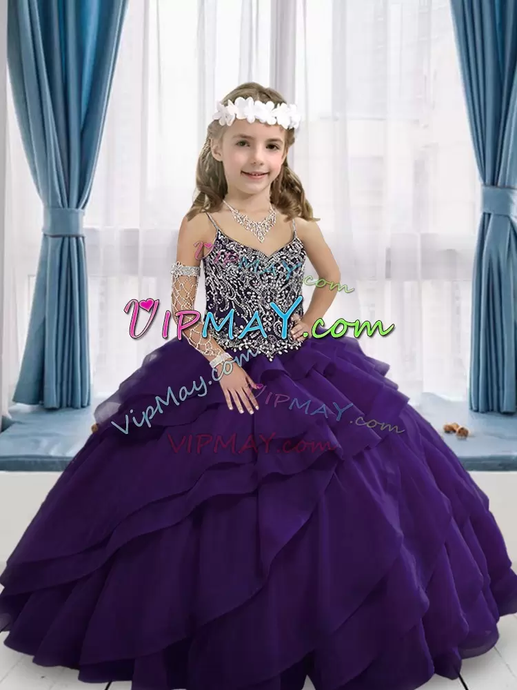 Straps Sleeveless Pageant Dress for Teens Floor Length Beading Purple Organza