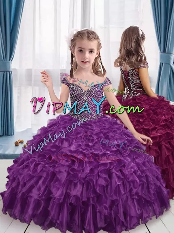 Beauteous Eggplant Purple Off The Shoulder Neckline Beading and Ruffles Little Girl Pageant Gowns Sleeveless Lace Up