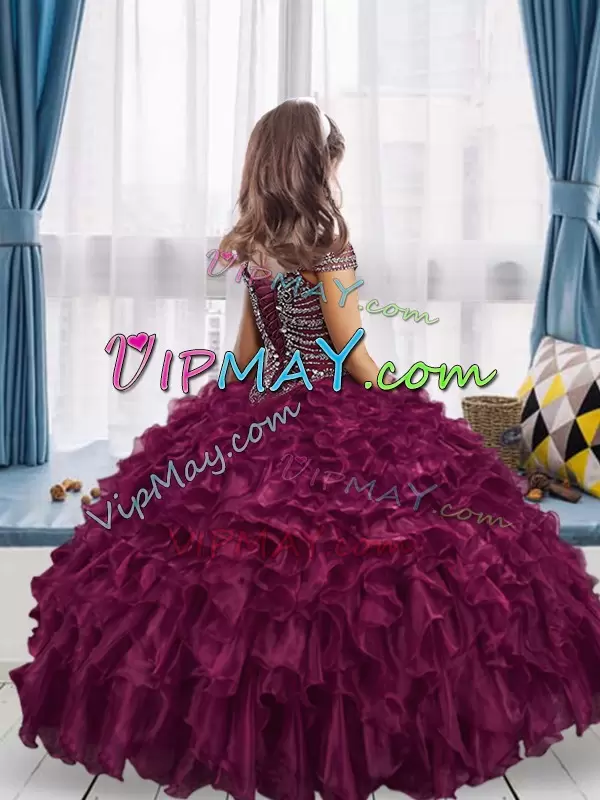 Beauteous Eggplant Purple Off The Shoulder Neckline Beading and Ruffles Little Girl Pageant Gowns Sleeveless Lace Up