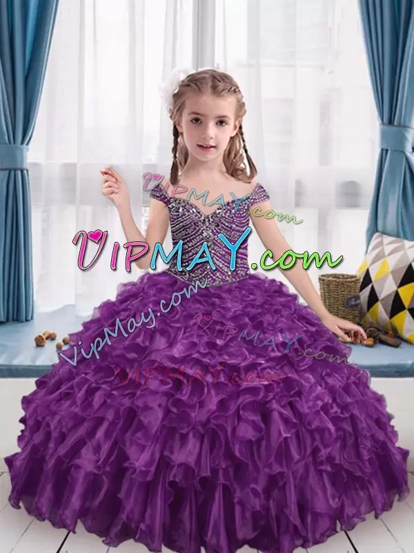 Beauteous Eggplant Purple Off The Shoulder Neckline Beading and Ruffles Little Girl Pageant Gowns Sleeveless Lace Up