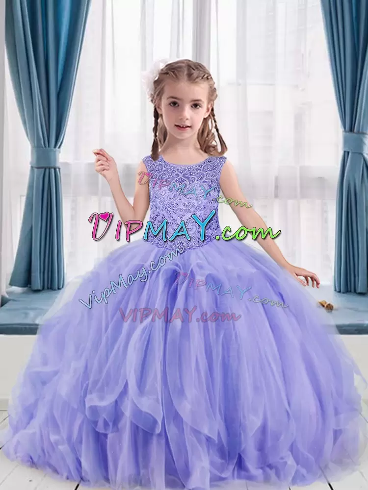 Great Lavender Sleeveless Beading and Ruffles Floor Length Pageant Dress for Teens