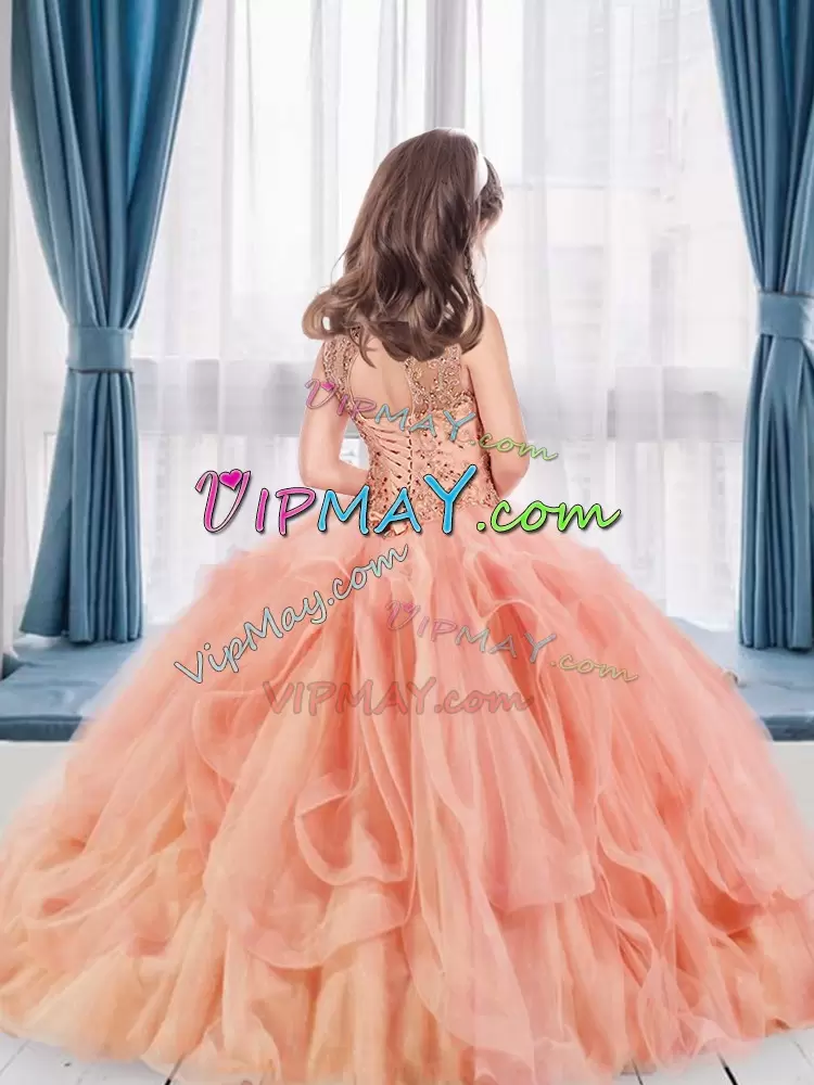 Great Lavender Sleeveless Beading and Ruffles Floor Length Pageant Dress for Teens