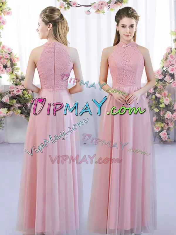 Lace Bridesmaids Dress Pink Zipper Sleeveless Floor Length