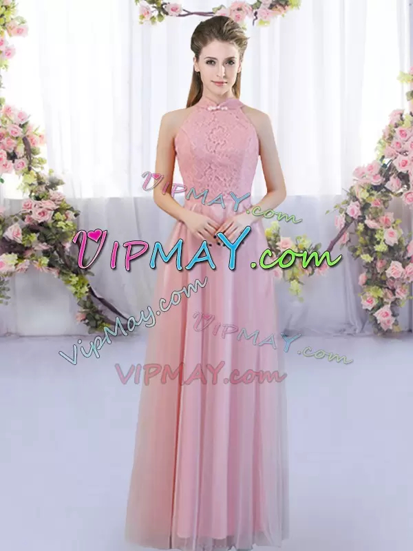 Lace Bridesmaids Dress Pink Zipper Sleeveless Floor Length