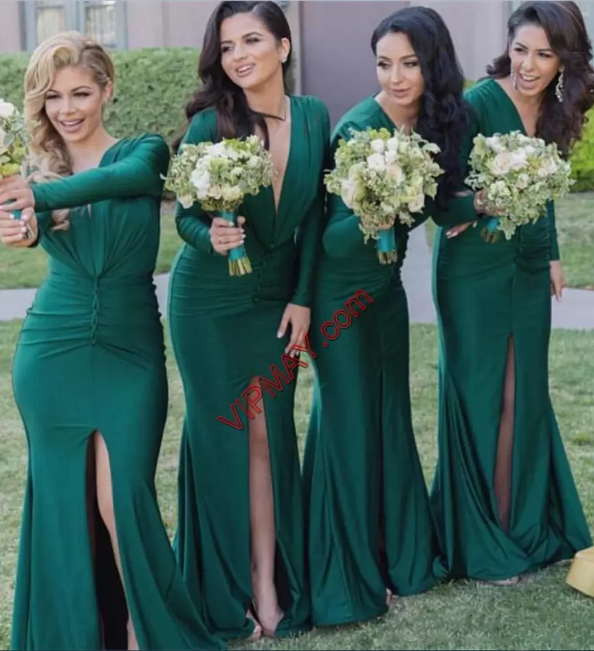 Green Side Zipper Court Dresses for Sweet 16 Pleated Long Sleeves Floor Length
