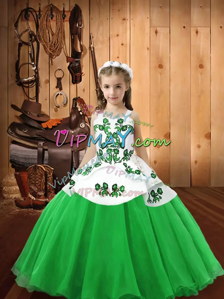 Low Price Green Ball Gowns Embroidery Pageant Dress Womens Lace Up Organza Sleeveless Floor Length