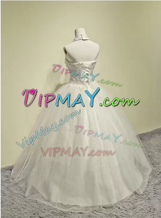 Fashionable Floor Length Lace Up Wedding Dress White for Wedding Party with Beading and Lace