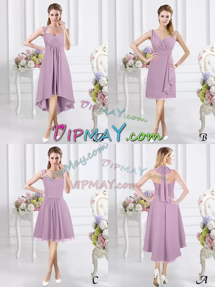 Pretty Ruching Quinceanera Dama Dress Lavender Zipper Sleeveless High Low