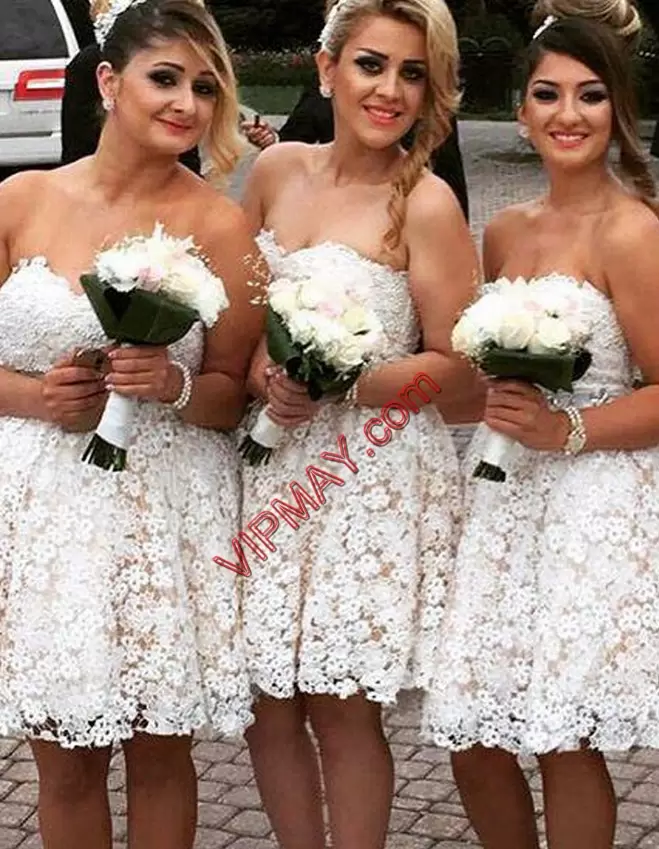 White A-line Lace Bridesmaid Dress Sleeveless Knee Length