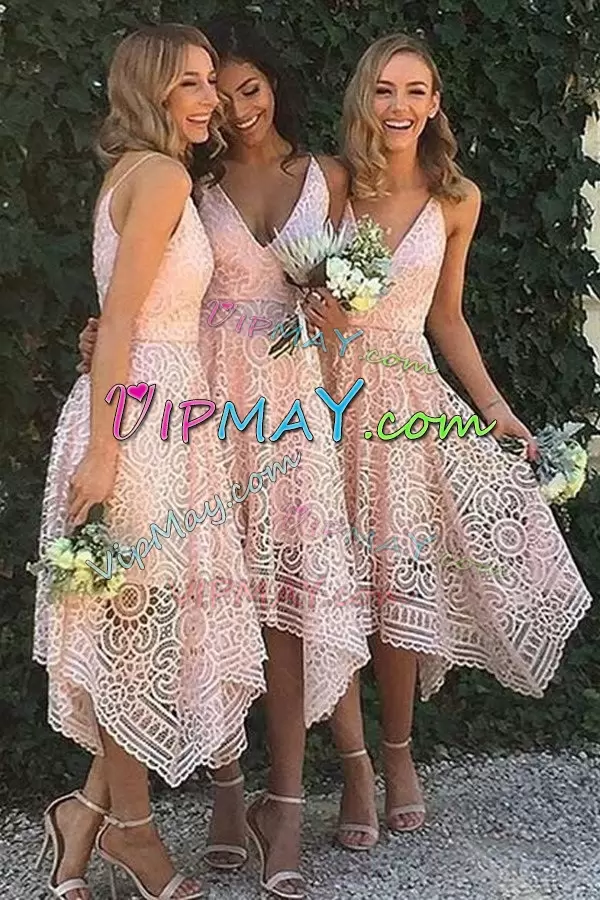 Custom Designed Pink Sleeveless Knee Length Beading and Lace Lace Up Bridesmaid Dresses Spaghetti Straps