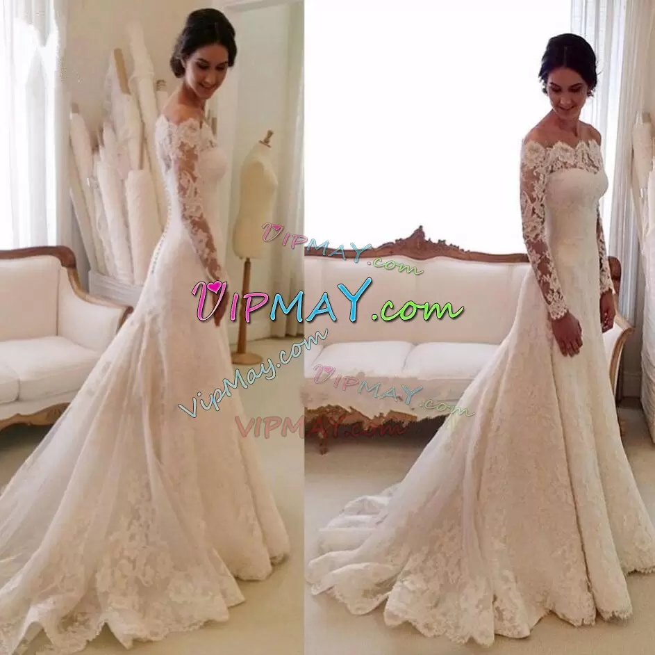 Lace Off The Shoulder Long Sleeves Sweep Train Lace Up Lace Wedding Gowns in White