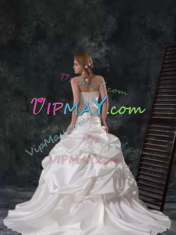 Sumptuous Strapless Sleeveless Taffeta Bridal Gown Beading and Ruching and Pick Ups Brush Train Lace Up