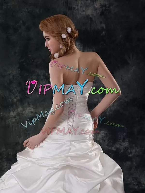 Sumptuous Strapless Sleeveless Taffeta Bridal Gown Beading and Ruching and Pick Ups Brush Train Lace Up