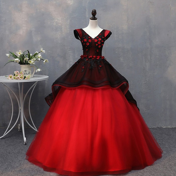 Red and Black 3D Flowers Little Girls Mini Quinceanera Dress with Train