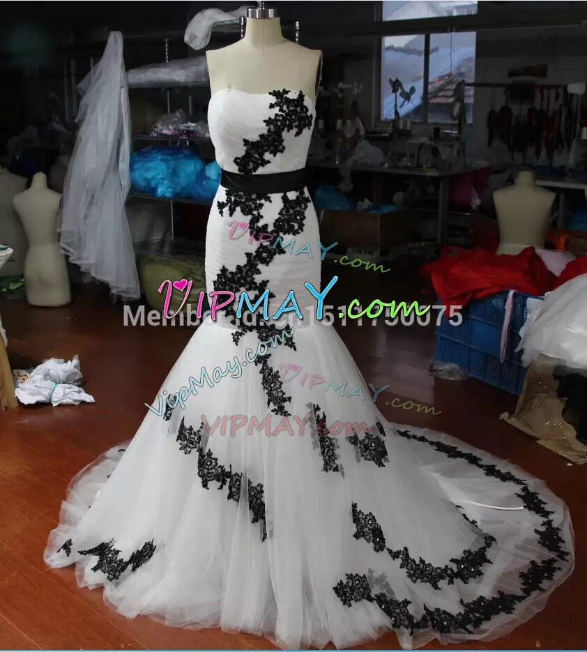 Admirable White Wedding Gowns Strapless Sleeveless Brush Train Lace Up
