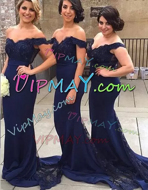 Navy Blue Sleeveless Elastic Woven Satin Sweep Train Lace Up Bridesmaid Dresses for Party and Wedding Party