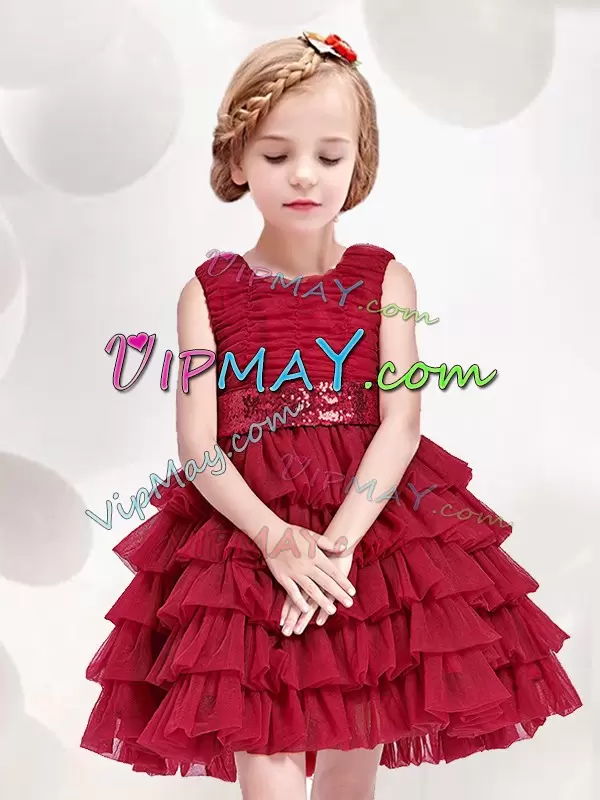 Mini Length A-line Sleeveless Red Flower Girl Dresses Zipper