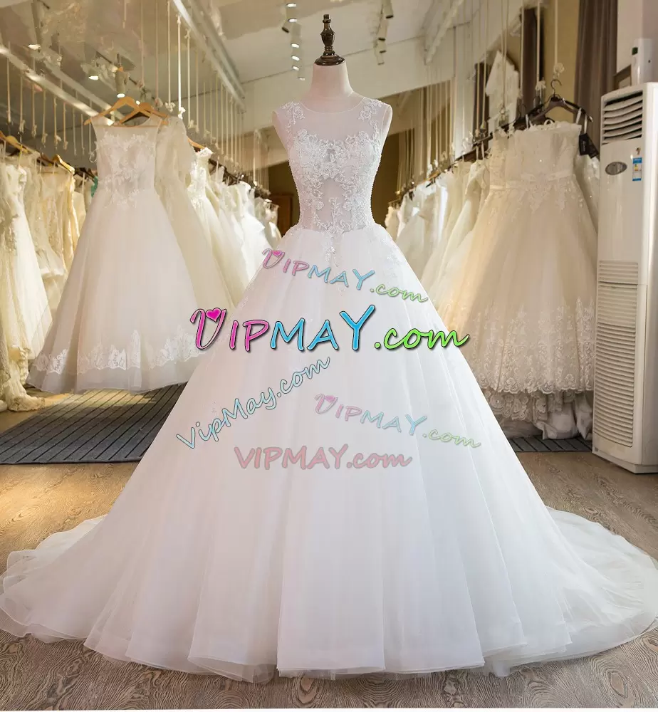 Tulle Sleeveless With Train Wedding Dresses Court Train and Beading and Appliques