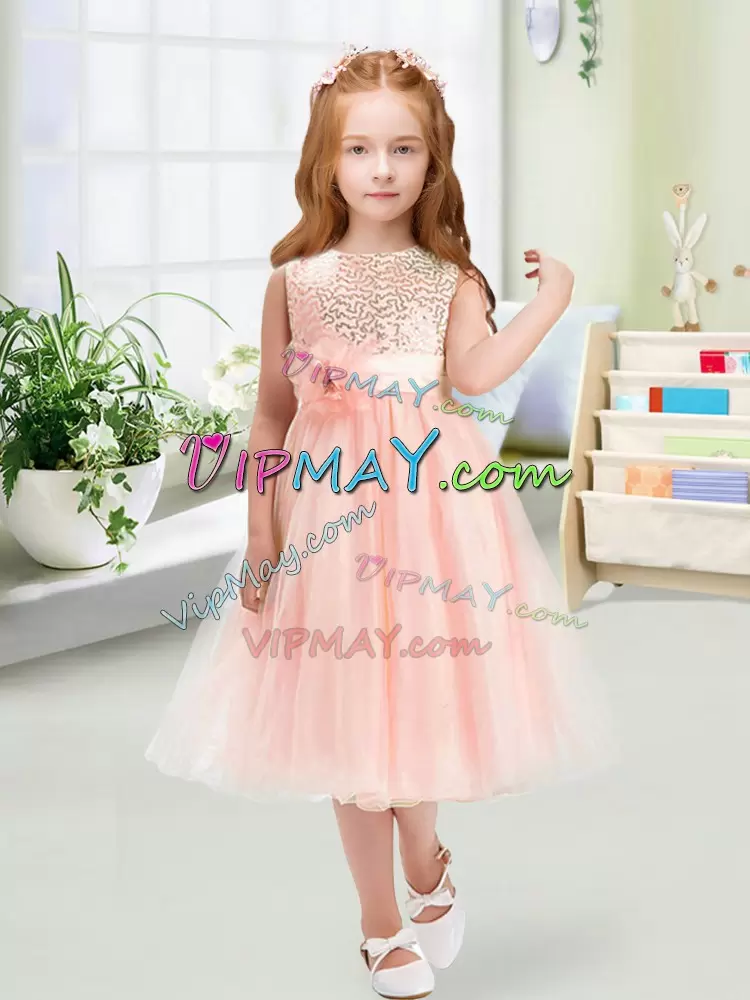 Empire Flower Girl Dresses Baby Pink Scoop Organza Sleeveless Tea Length Zipper