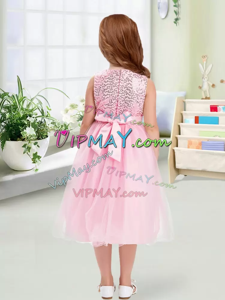 Empire Flower Girl Dresses Baby Pink Scoop Organza Sleeveless Tea Length Zipper