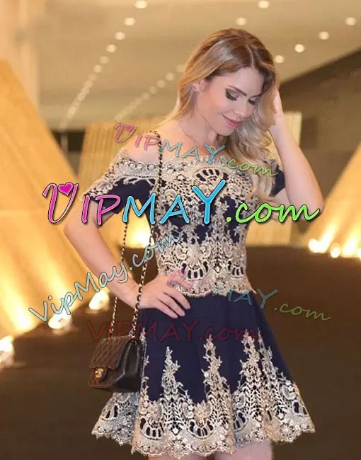 Off The Shoulder Short Sleeves Lace Up Quinceanera Court of Honor Dress Multi-color Appliques