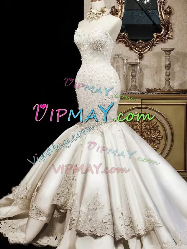 Fine Sleeveless Beading and Lace Lace Up Bridal Gown with White Brush Train