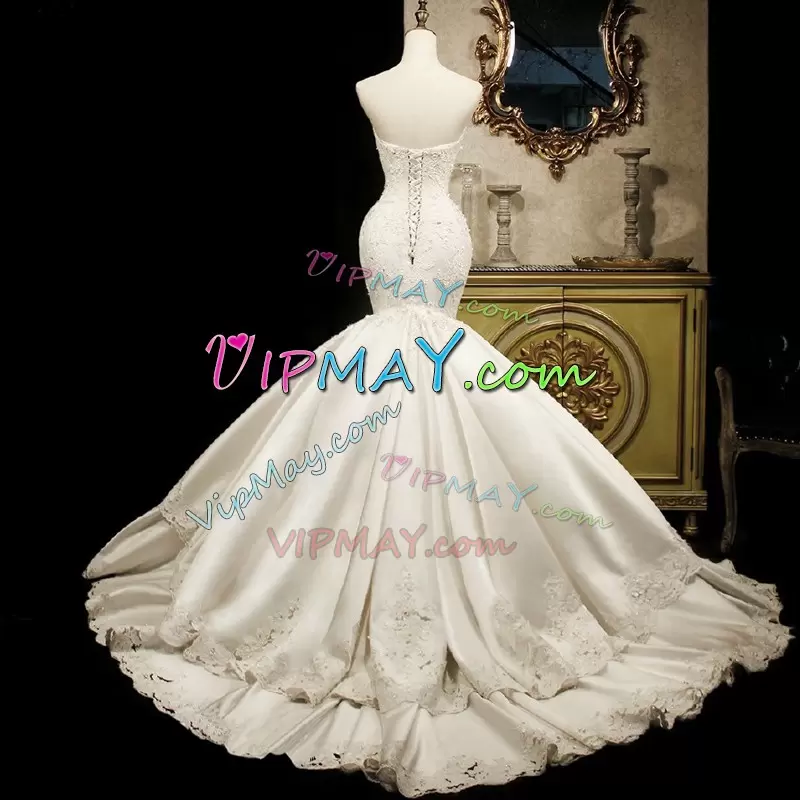 Fine Sleeveless Beading and Lace Lace Up Bridal Gown with White Brush Train