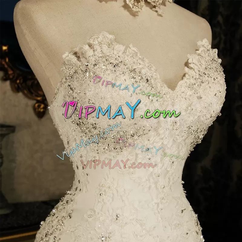 Fine Sleeveless Beading and Lace Lace Up Bridal Gown with White Brush Train