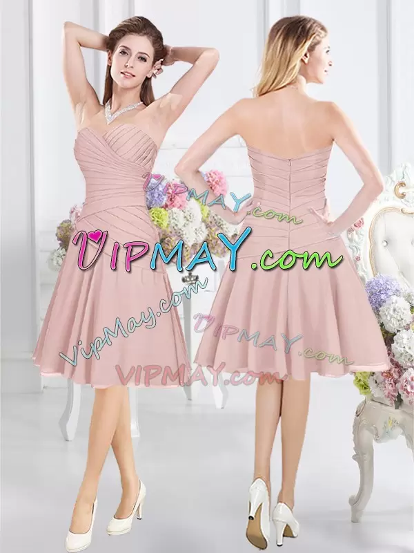 Colorful Pink Half Sleeves Knee Length Lace and Ruching Zipper Bridesmaids Dress Scoop
