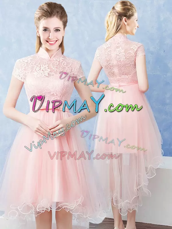 Baby Pink High-neck Neckline Lace and Belt Wedding Guest Dresses Short Sleeves Zipper