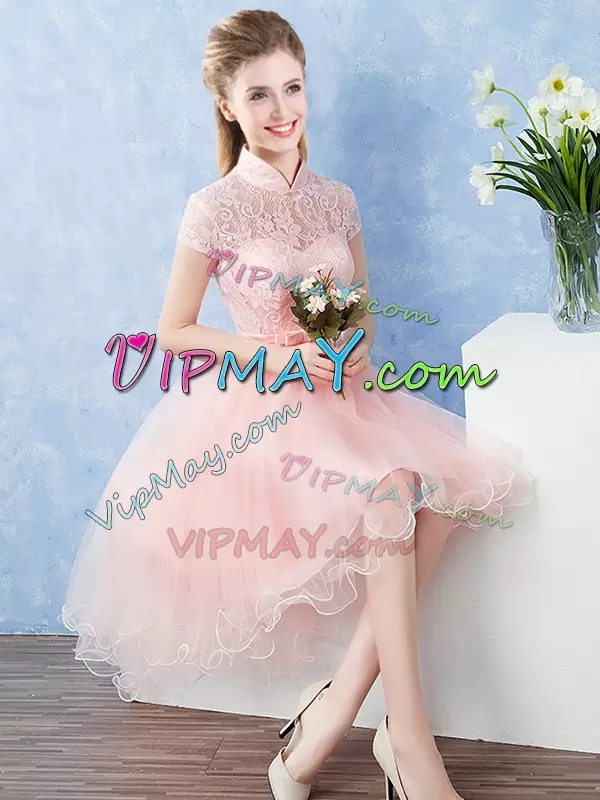 Baby Pink High-neck Neckline Lace and Belt Wedding Guest Dresses Short Sleeves Zipper