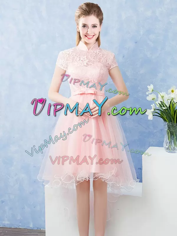 Baby Pink High-neck Neckline Lace and Belt Wedding Guest Dresses Short Sleeves Zipper