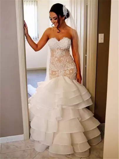 On Sale Organza Sweetheart Sleeveless Brush Train Zipper Lace and Ruffled Layers Wedding Dresses in White