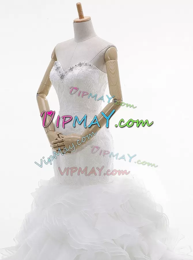 Modest Brush Train Mermaid Wedding Gown White Sweetheart Organza Sleeveless With Train Lace Up