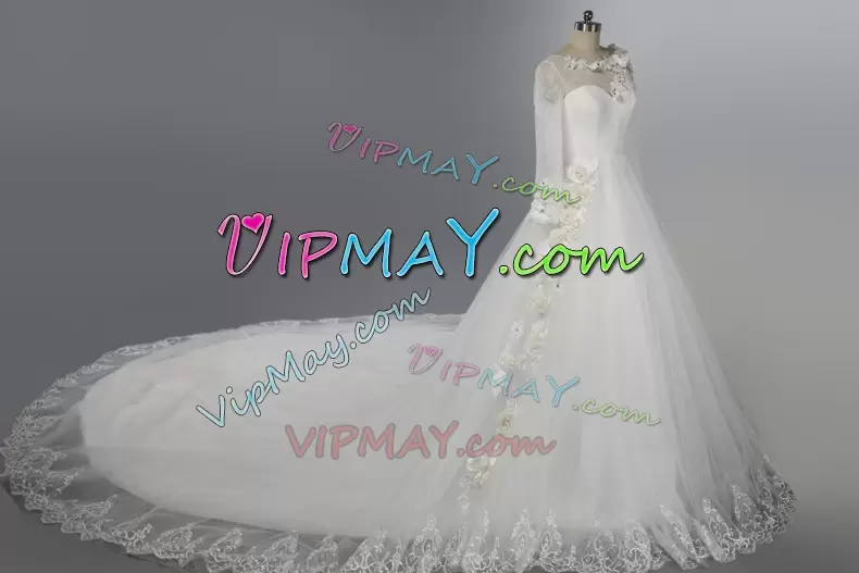 White Tulle Lace Up Scoop Long Sleeves With Train Wedding Gowns Chapel Train Embroidery and Hand Made Flower