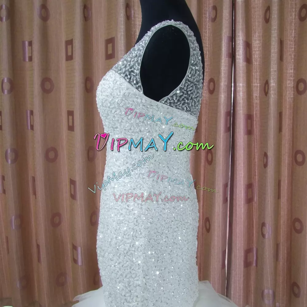 With Train Lace Up Wedding Dress White for Prom and Beach and Wedding Party with Beading and Ruffles Brush Train