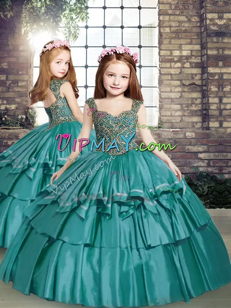 Teal Straps Neckline Beading Child Pageant Dress Sleeveless Lace Up