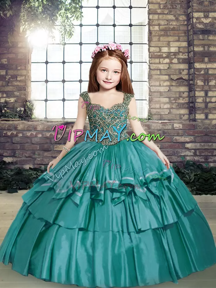 Teal Straps Neckline Beading Child Pageant Dress Sleeveless Lace Up