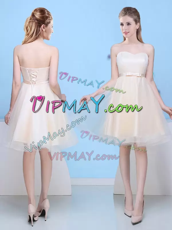 Customized Champagne Tulle Skirt Quincenera Court Party Dress with Bow