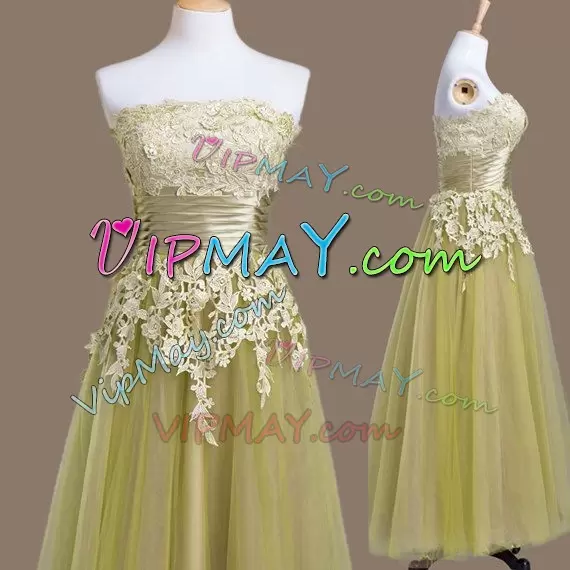 Elegant Olive Green Sleeveless Tulle Lace Up Wedding Guest Dresses for Prom and Party and Wedding Party