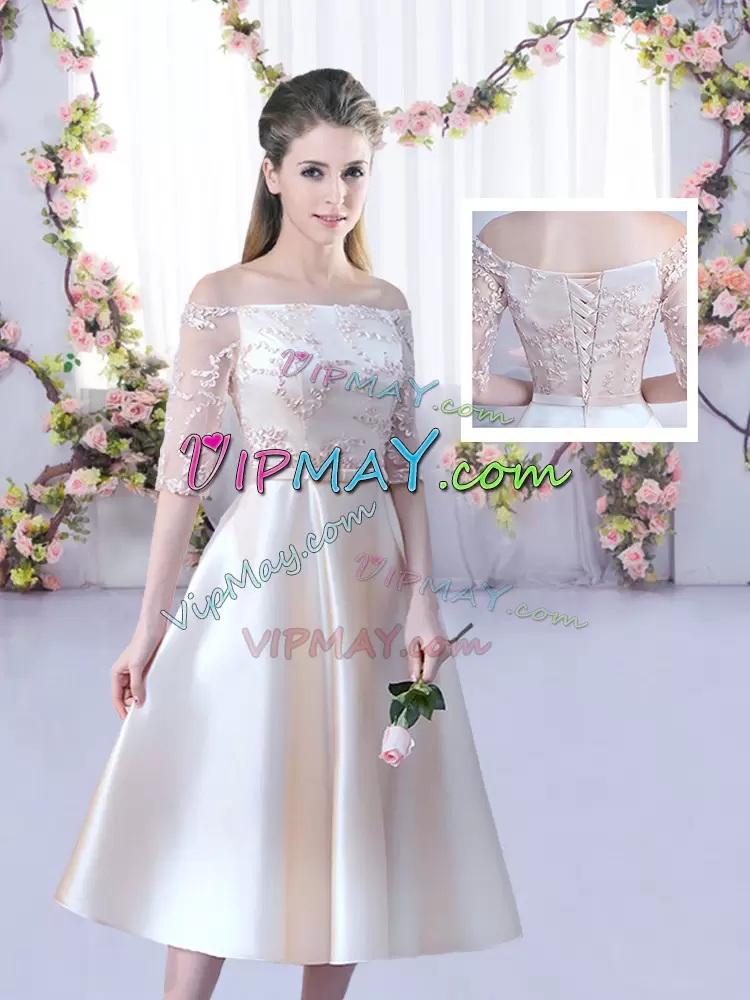 Luxury Tea Length Champagne Bridesmaid Gown Satin Half Sleeves Lace and Belt