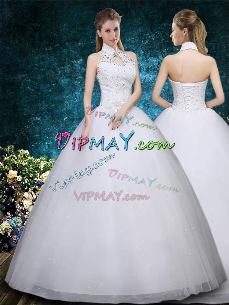 Cute White Ball Gowns High-neck Sleeveless Tulle Floor Length Lace Up Beading and Embroidery Wedding Dress